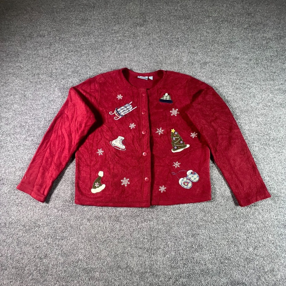 Vintage Croft & Barrow Sport Cardigan Sweater Womens Medium Red Fleece Christmas